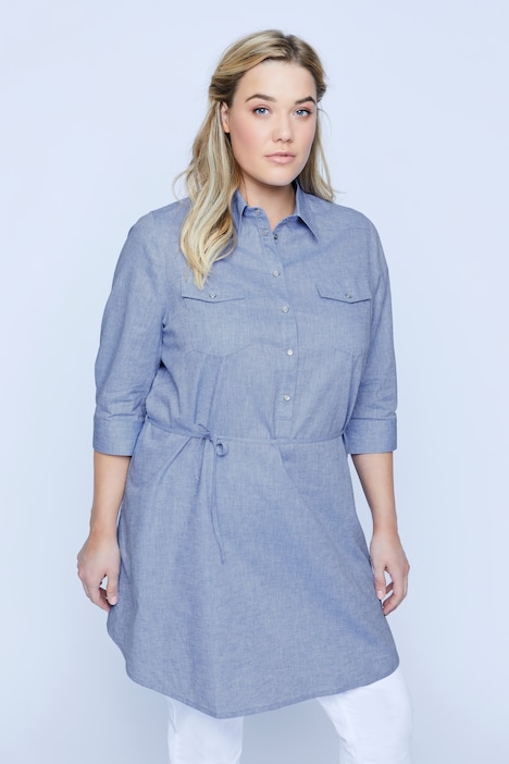 Bellieva-Bluse, extra lang, Druckknöpfe, 3/4-Ärmel, Biobaumwolle, GOTS