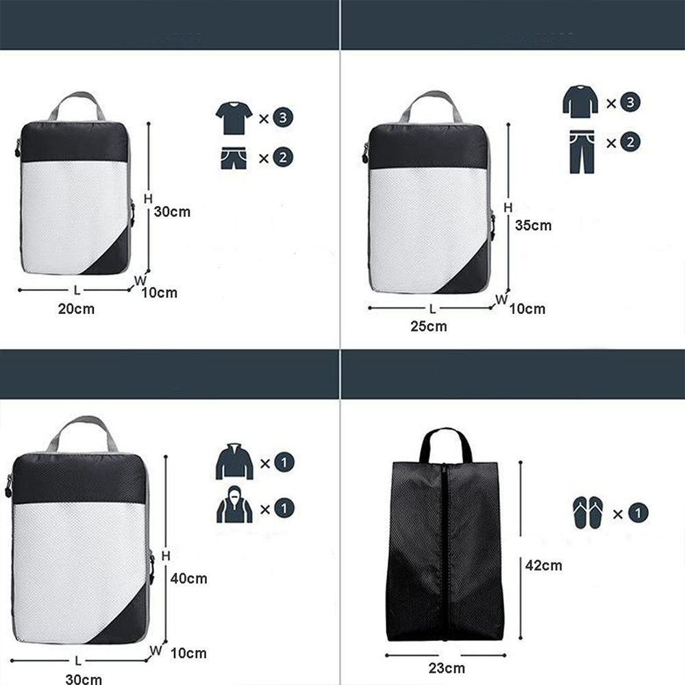 4in1 Koffer Organizer Reise Gepäck Kompressions Kleidertaschen Schuh Beutel Set - Schwarz
