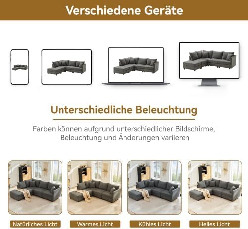 Modulares Ecksofa 5-Sitzer mit Hocker – verstellbar L- & U-Form, große Wohnlandschaft, Federkern Sofa, Baumwolle-Leinen Bezug, Grau
