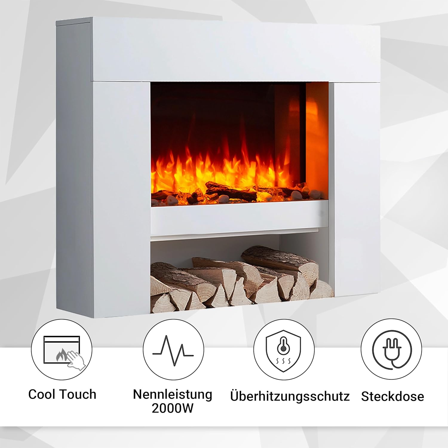 BALDERIA Elektrokamin Naran | Elektrischer Standkamin mit 3D-Flammeneffekt | Elektro Heizung 2000W, LED-Beleuchtung | Kamin mit Fernbedienung, Timer, Startsteuerung & Thermostat | Weiß