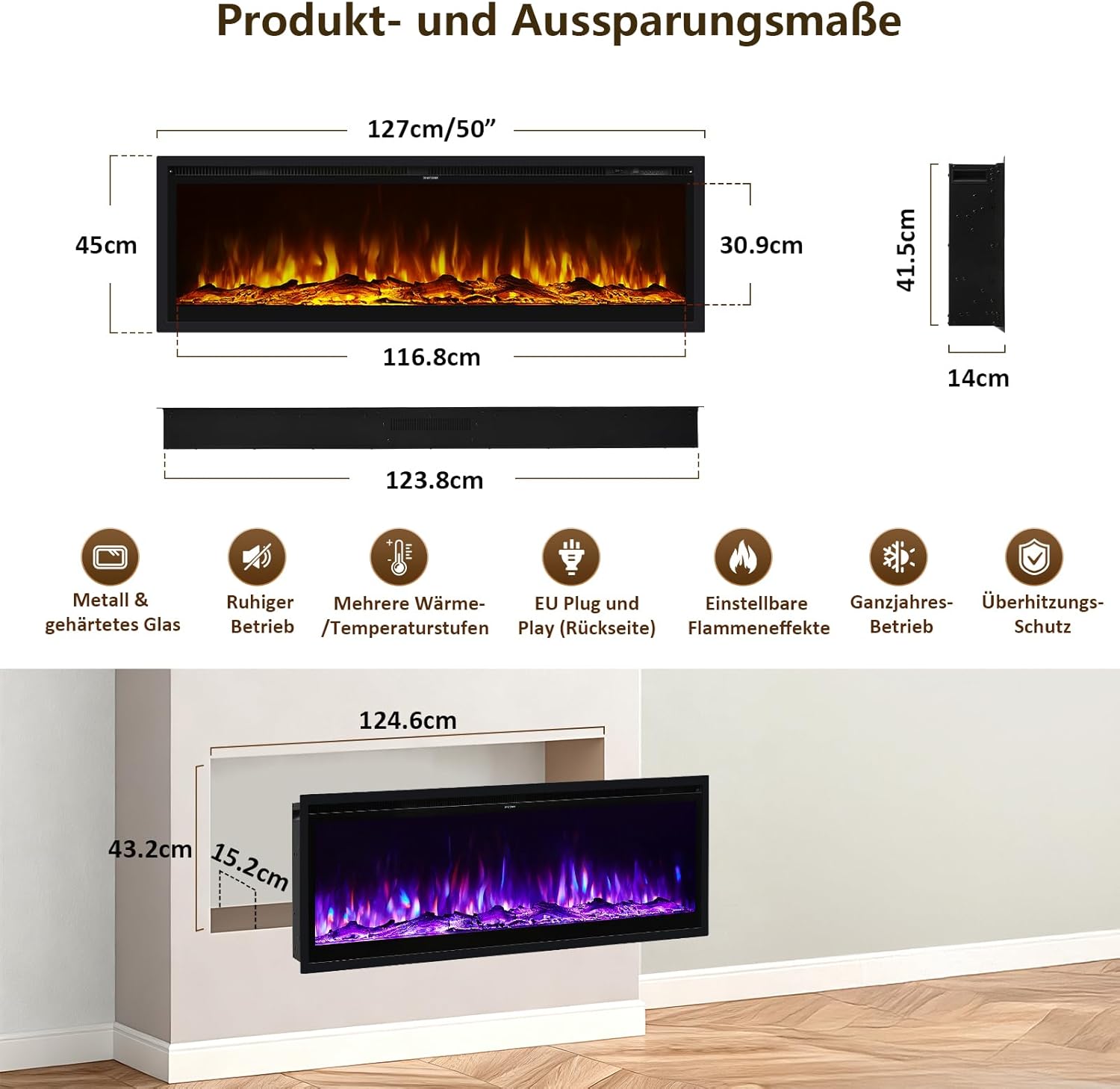 INMOZATA 50 Zoll Elektrokamin mit Heizung, 3-IN-1 Elektrokamin Wand/Einbau/Standkamin,Kamin Elektrisch mit Heizung 900W&1800W, 12 Flammenfarben, Heizfunktion, Thermostat, Timer, Fernbedienung