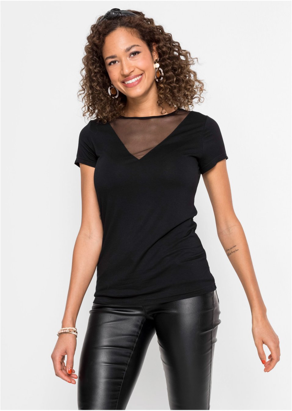 T-shirt à empiècement résille, manches courtes