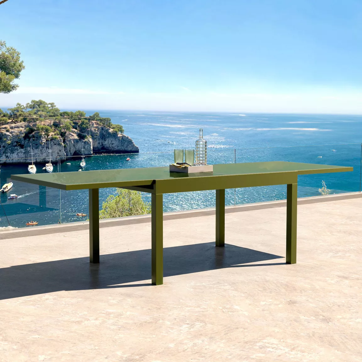 Table de jardin extensible en verre 10 places (135/270 x 90 cm) Murano Vert olive