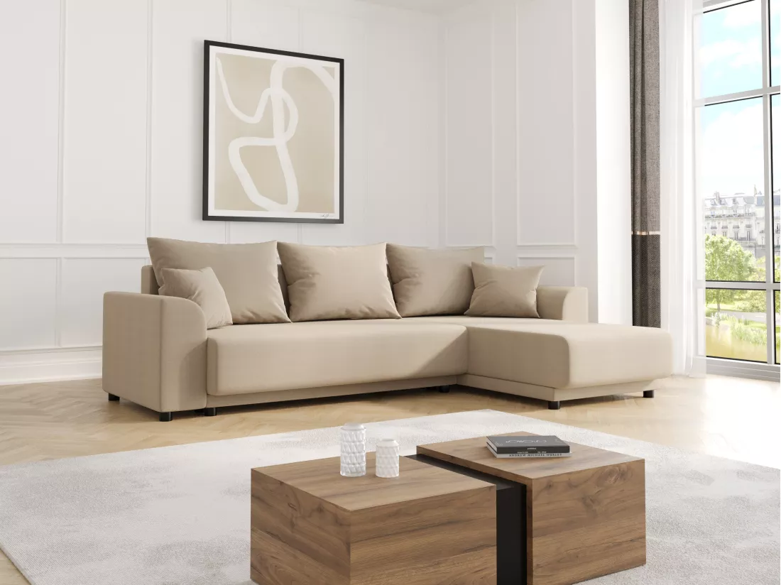 Canapé d'angle convertible et réversible en tissu beige NESSARO