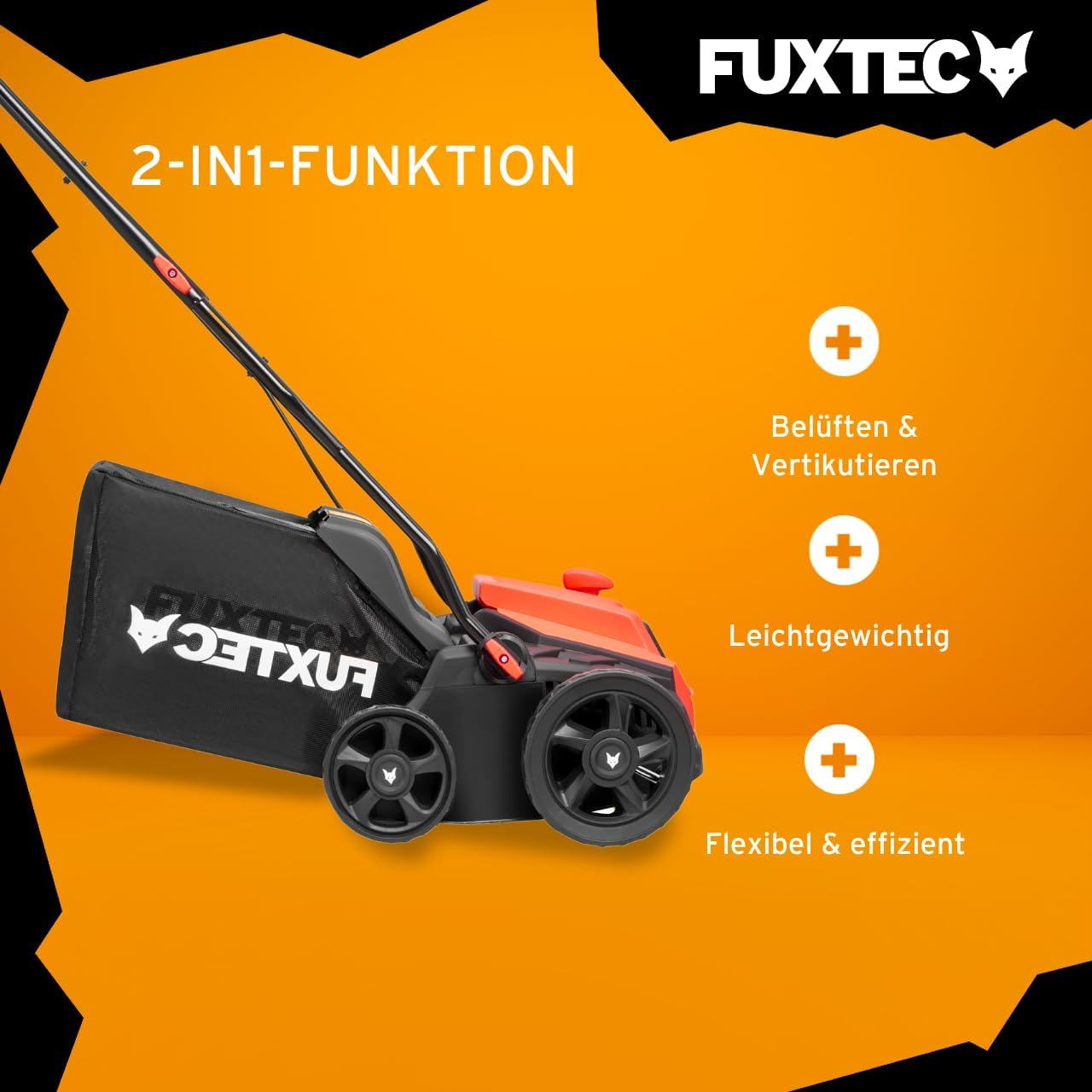 FUXTEC Elektro-Vertikutierer FX-EV320ECO, Rasenlüfter mit 1300 Watt Power, 32 cm Arbeitsbreite und Tiefeneinstellungen von -12 bis +10 mm, 40 L Grasfangkorb