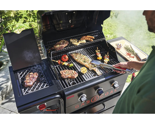 Char-Broil Gas2Coal S. Ed. 3 hybride grill, zwart, inclusief 3 branders + infraroodbrander, dekselthermometer, planchaplaat, krachtige hittezone, geïntegreerde flesopener