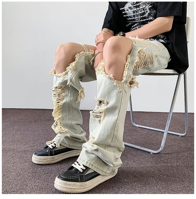 Phoneus - Low Rise Cutout Washed Distressed Loose Fit Jeans