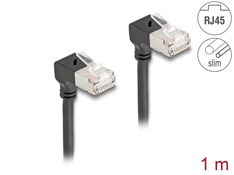 Delock Patchkabel 90° gewinkelt Cat 6A, S/FTP, 1 m, Schwarz Delock RJ45 Netzwerkkabel Cat.6A S/FTP Slim 90° unten / unten gewinkelt 1 m schwarz