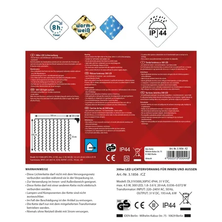 Idena 300er LED Lichtervorhang, 3 x 3 m, warmweiß, für innen und außen, mit Timer