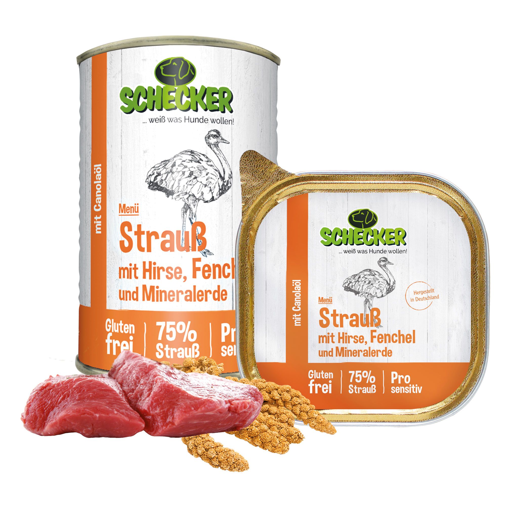 Schecker Hundemenü - 75% Strauß mit Hirse Fenchel und Mineralerde - glutenfrei