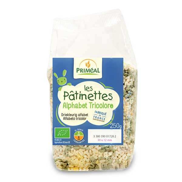 Pâtes alphabet tricolores bio