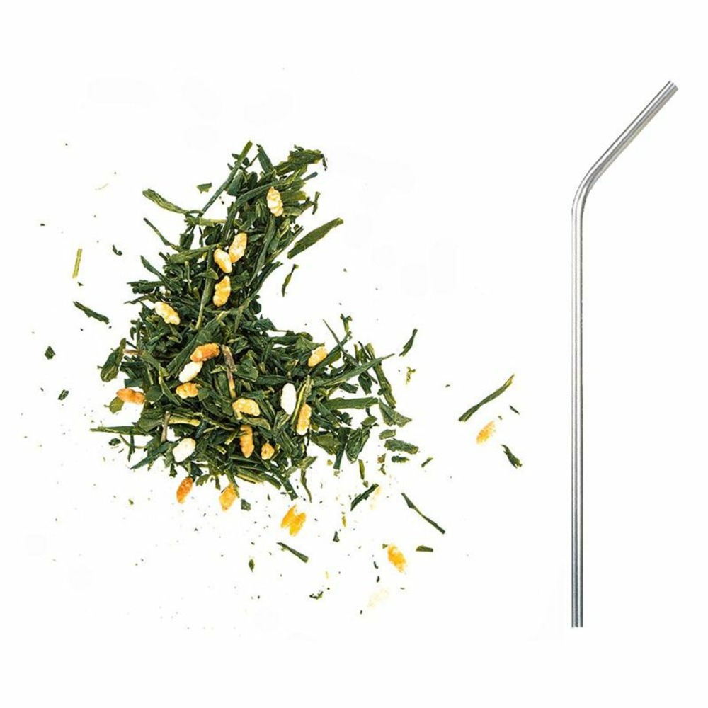 Thé vert bio et riz complet genmaicha 100 g + 4 pailles en inox