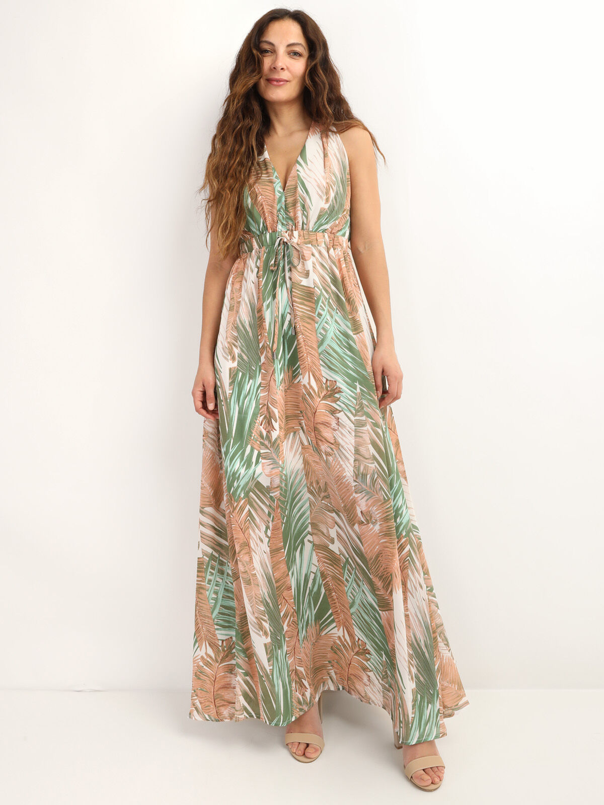 Robe longue à imprimé feuilles- Rose