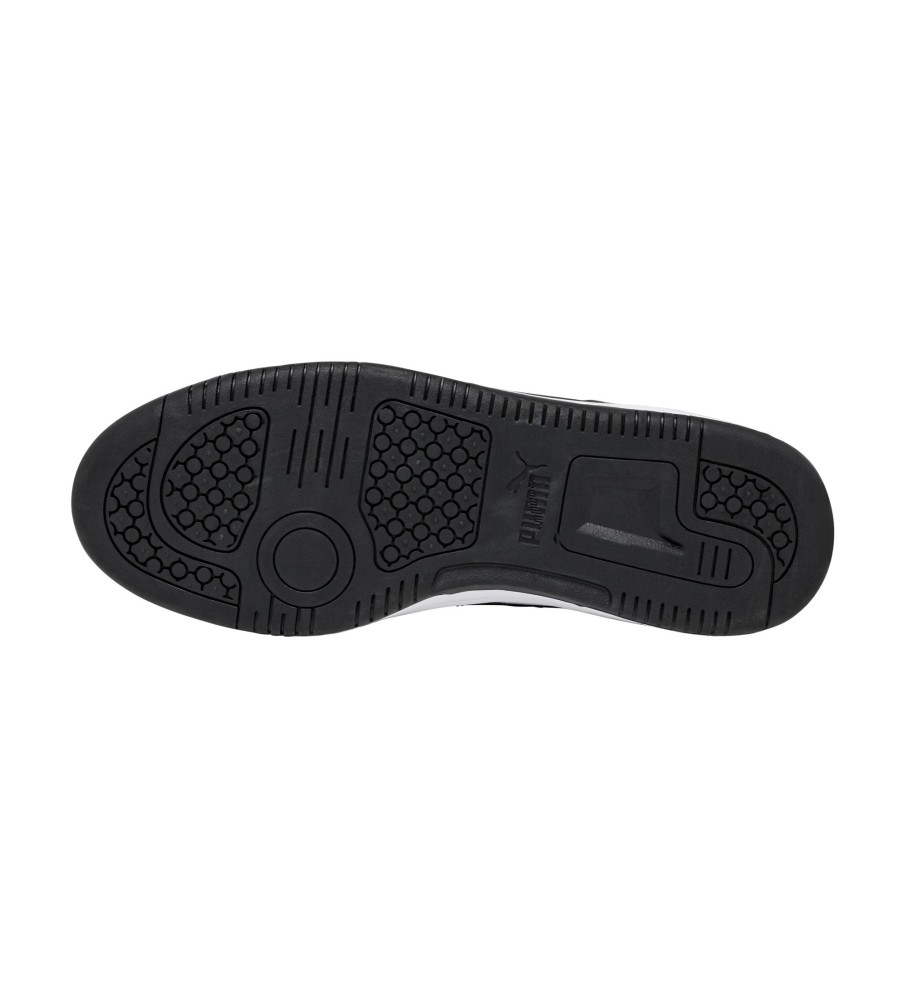 Tênis Puma Rebound V6 Low, branco e preto.