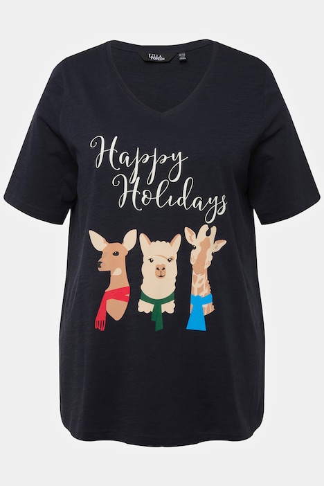Weihnachts-Shirt, Tiere, A-Linie, V-Ausschnitt, Halbarm