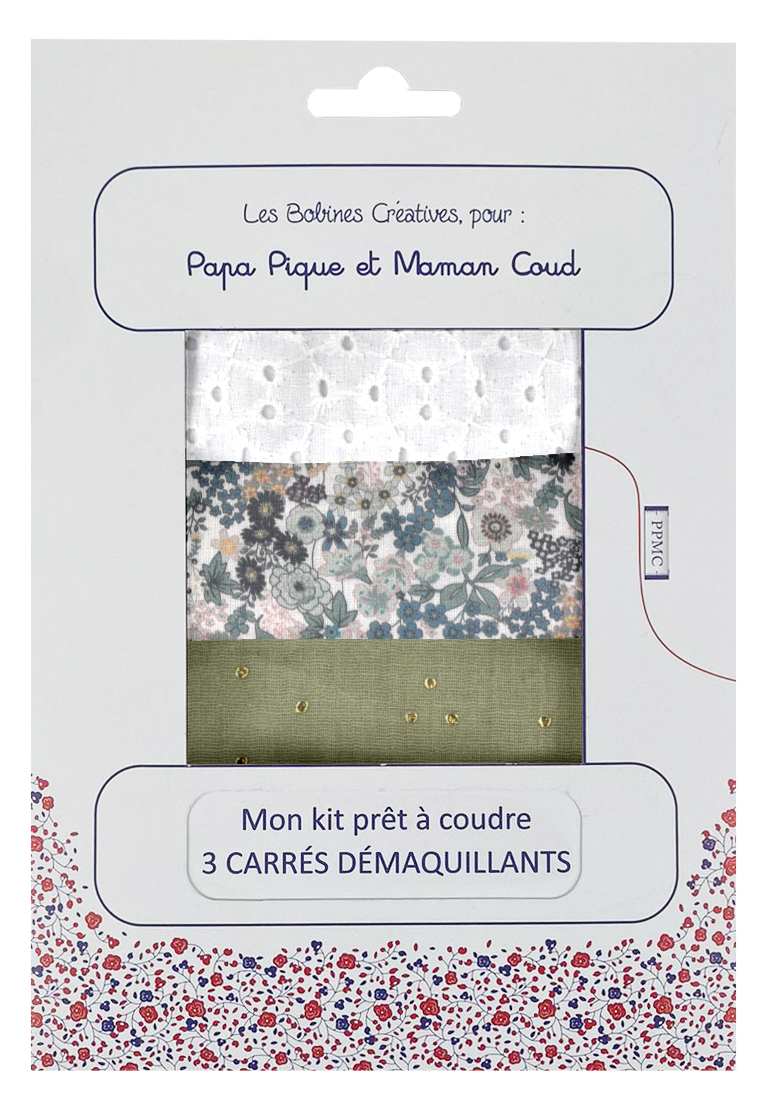 Kit Prêt À Coudre 3 Carrés Démaquillants Ex2230 Fleuri Gris Bleu