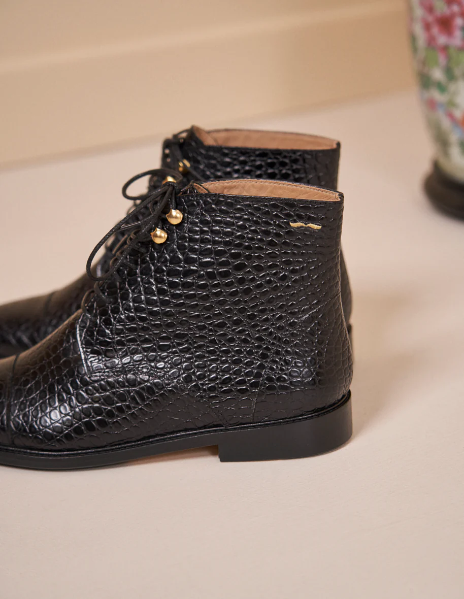 Bottines à lacets Lucienne - Cuir croco noir