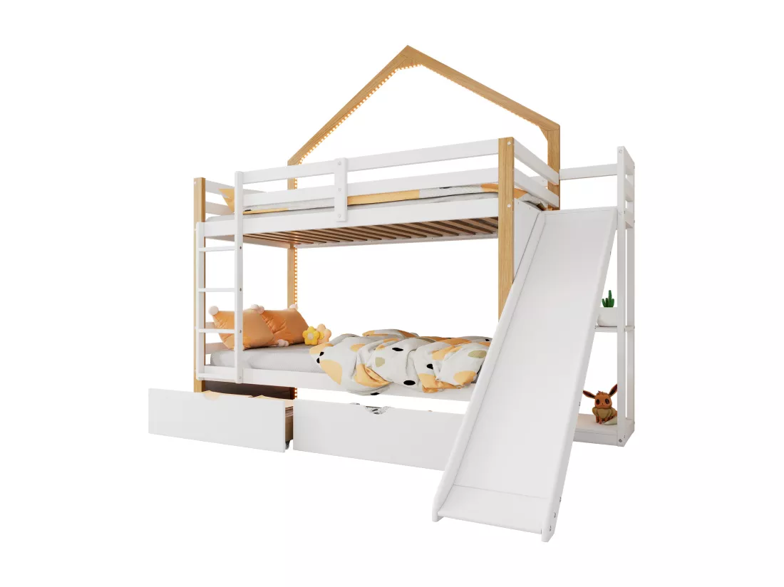 Lit superposé 90x200 cm - en bois de pin et MDF - avec LED, 2 tiroirs, échelle et toboggan - Blanc