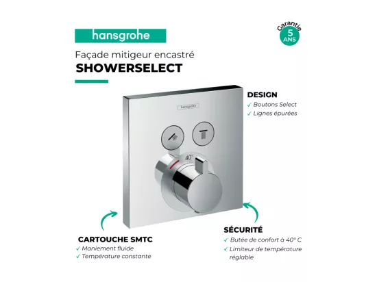 Façade pour mitigeur thermostatique encastré HANSGROHE ShowerSelect avec 2 fonctions chromé