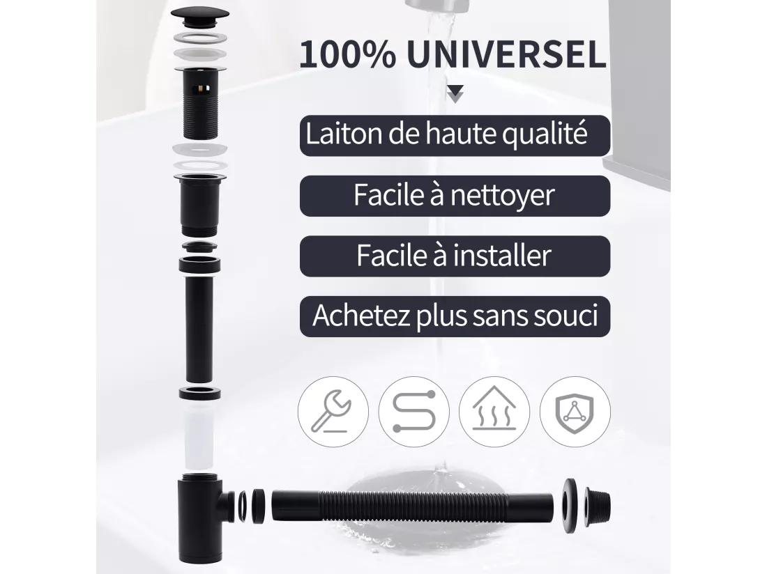 Siphon de Lavabo avec Bonde Siphon Universel et Bonde d'écoulement Salle de Bain pour Lavabo Noir Mat 1/4 x 30 mm Siphon Pop-up