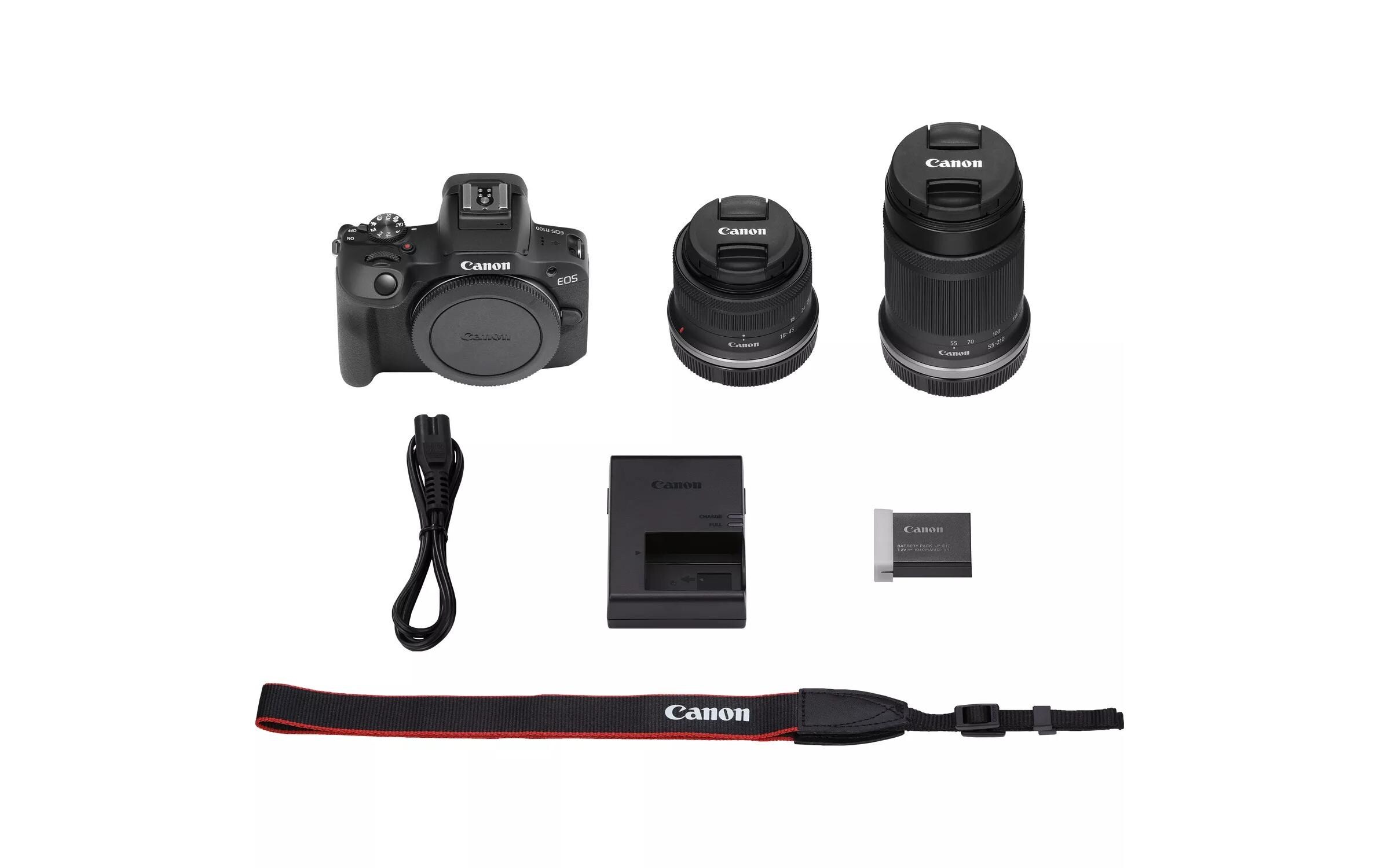 Fotokamera EOS R100 + RF-S 18-45 mm + RF-S 55-210 mm Kit<br>Kompaktkamera mit leistungsstarken Funktionen und zwei Objektive