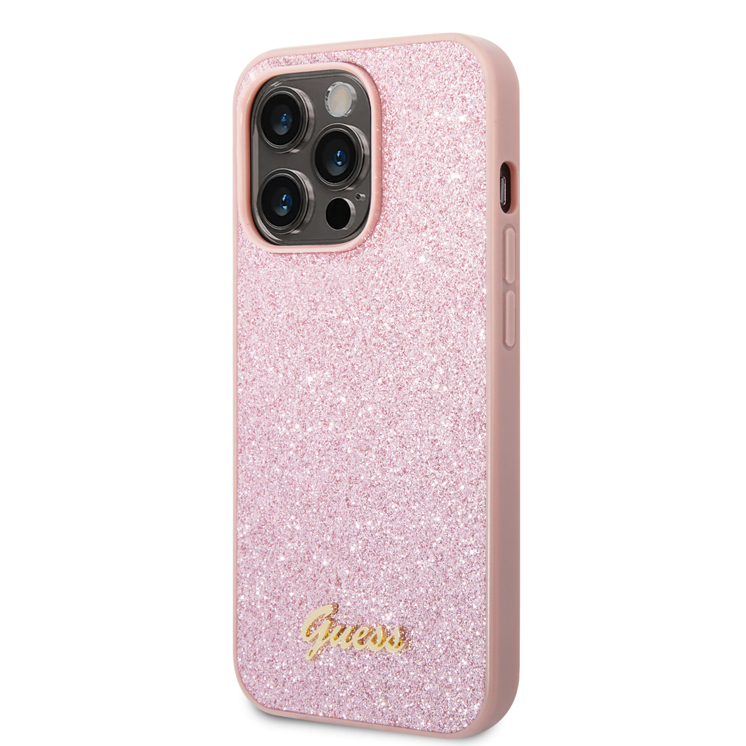 iPhone 14 Pro Max Hardcase Hülle Glitter Script (GUHCP14XHGGSHP) - Rosa / Transparent