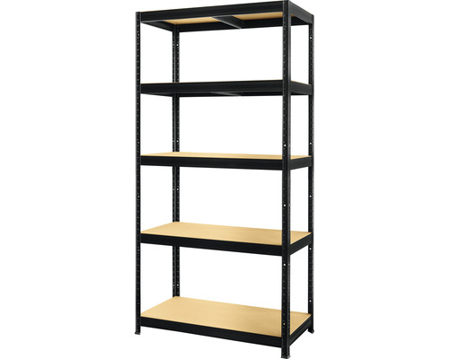 Robuuste stellingkast FUTUR, matzwart, 180x90x60cm, 5 houten legplanken, draagvermogen 1750 kg
