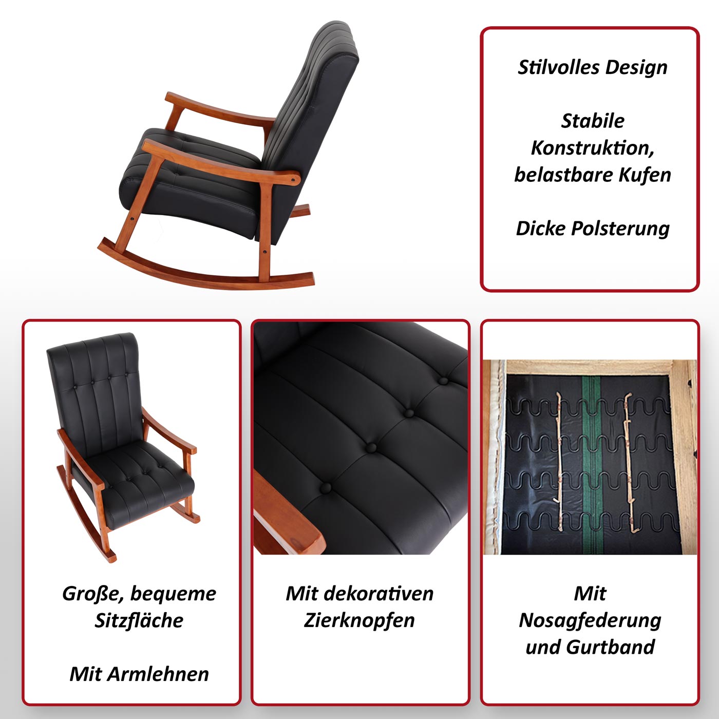 Schaukelstuhl MCW-K10, Schaukelsessel Schwingstuhl Relaxsessel MVG ~ Stoff/Textil dunkelgrau, Gestell braun