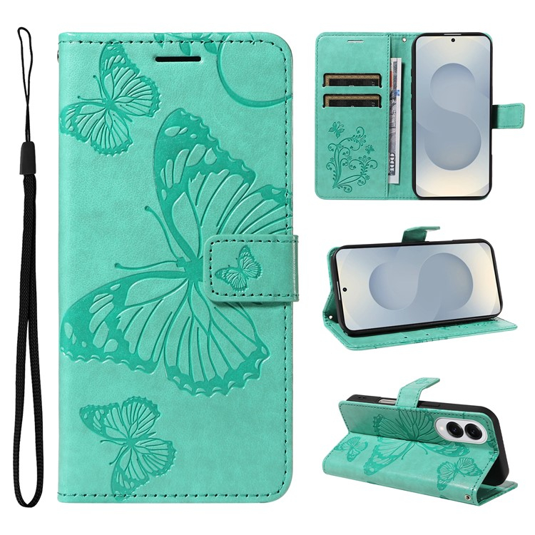 Samsung Galaxy S25 Edge Leder Tasche mit Kartenfach   Handschlaufe Schmetterling - Türkis