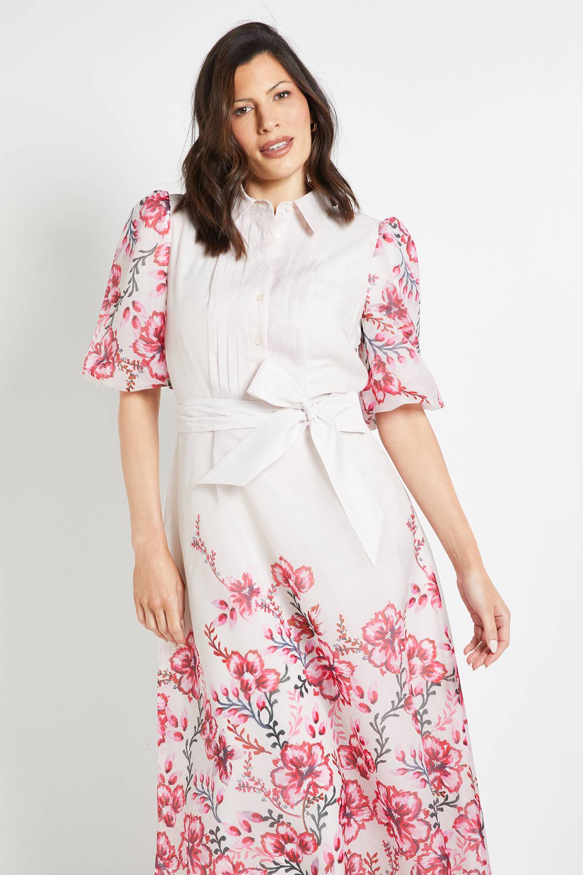 Wallis Robe Chemise Midi À Plis Nervurés En Organza Fleuri