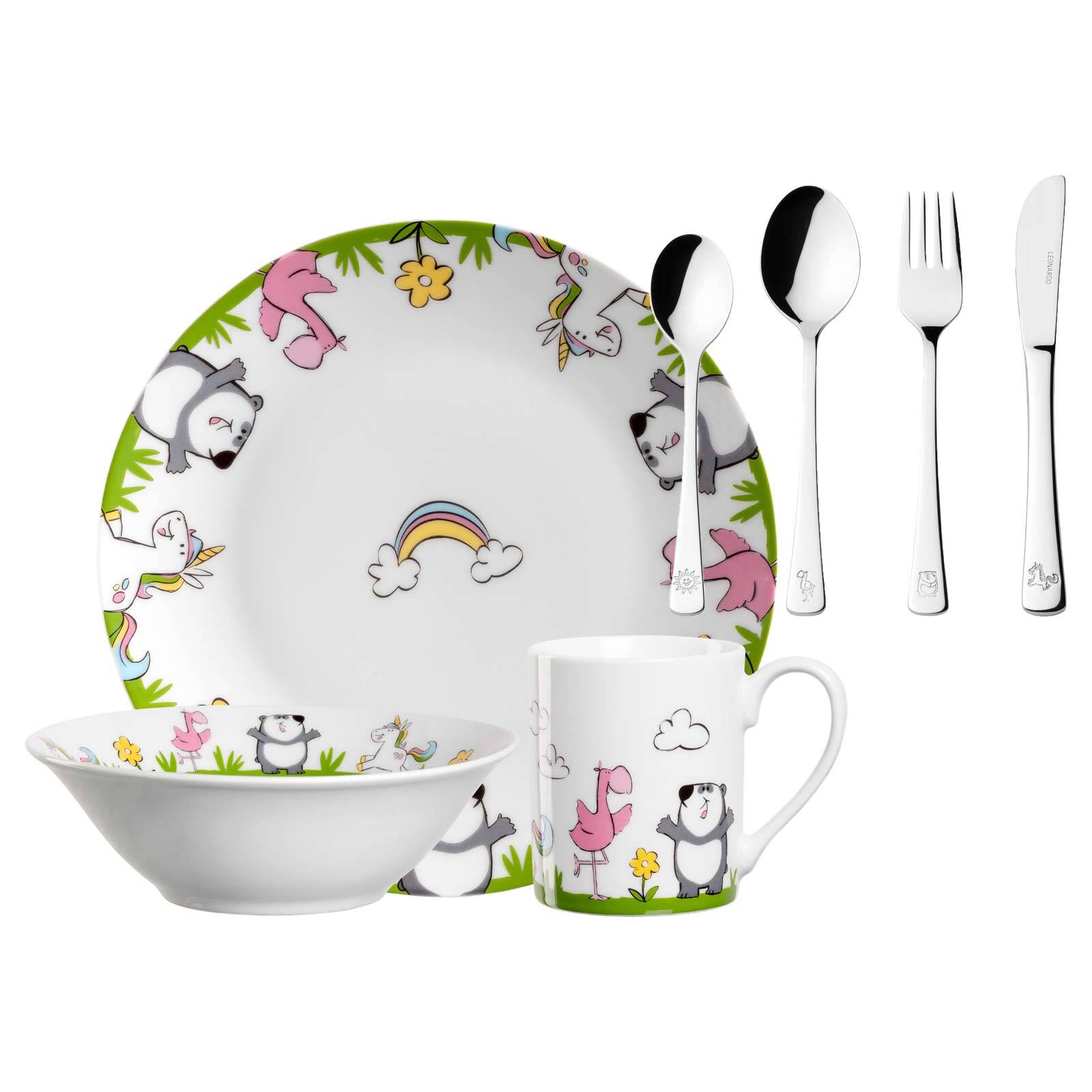 Leonardo Kindergeschirr mit Besteck Einhorn / Panda / Flamingo Bambini