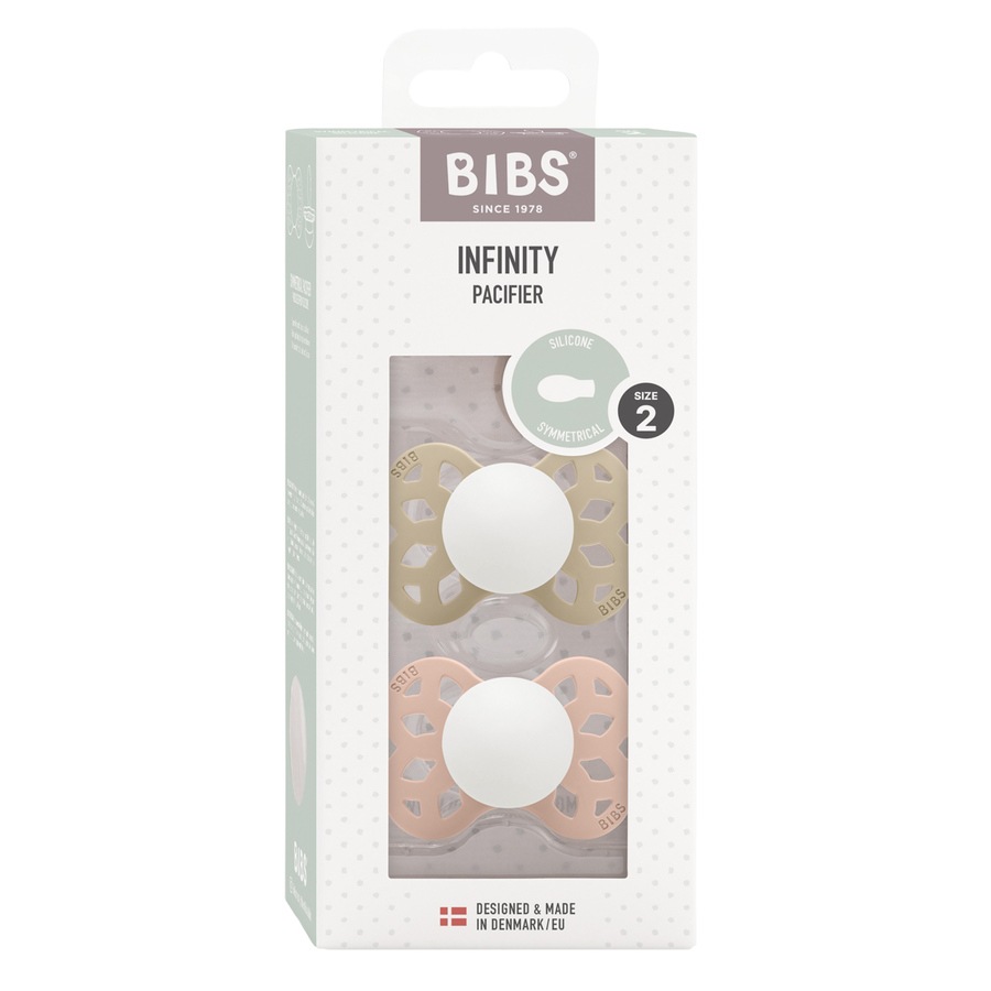 BIBS Pacifier Infinity Symmetrical Silicone Vanilla Glow/Blush Glow Size 2 2pcs