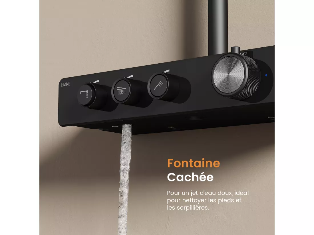 EMKE Colonne de douche Thermostat Noir, Régulation innovante du débit, douche à effet pluie de 26 cm, douchette à main avec 3 jets Système de douche