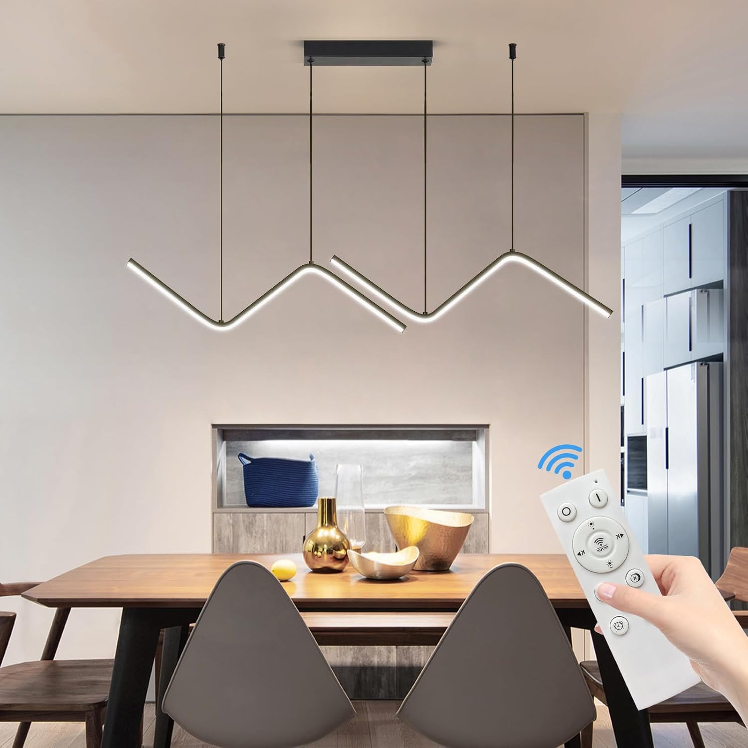 Mikeru Moderne Led-Wellenpendelleuchte, 120CM Schwarze Esszimmer-Pendelleuchte, Dimmbar 10%-100% Mit Fernbedienung, Hängende Leuchte Mit Memory-Funktion, Geeignet Für Restaurants, Kücheninseln Bars