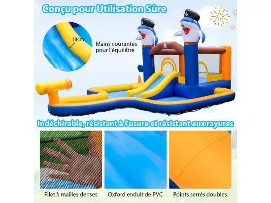 7 en 1 Château Gonflable en Forme Requin avec Toboggan & Jeu de Boxe, Aire de Jeux Gonflable avec Maison de Saut & Piscine, Charge 90kg pour 2 Enfants de 3-10 Ans, 578 x 408 x 250 CM