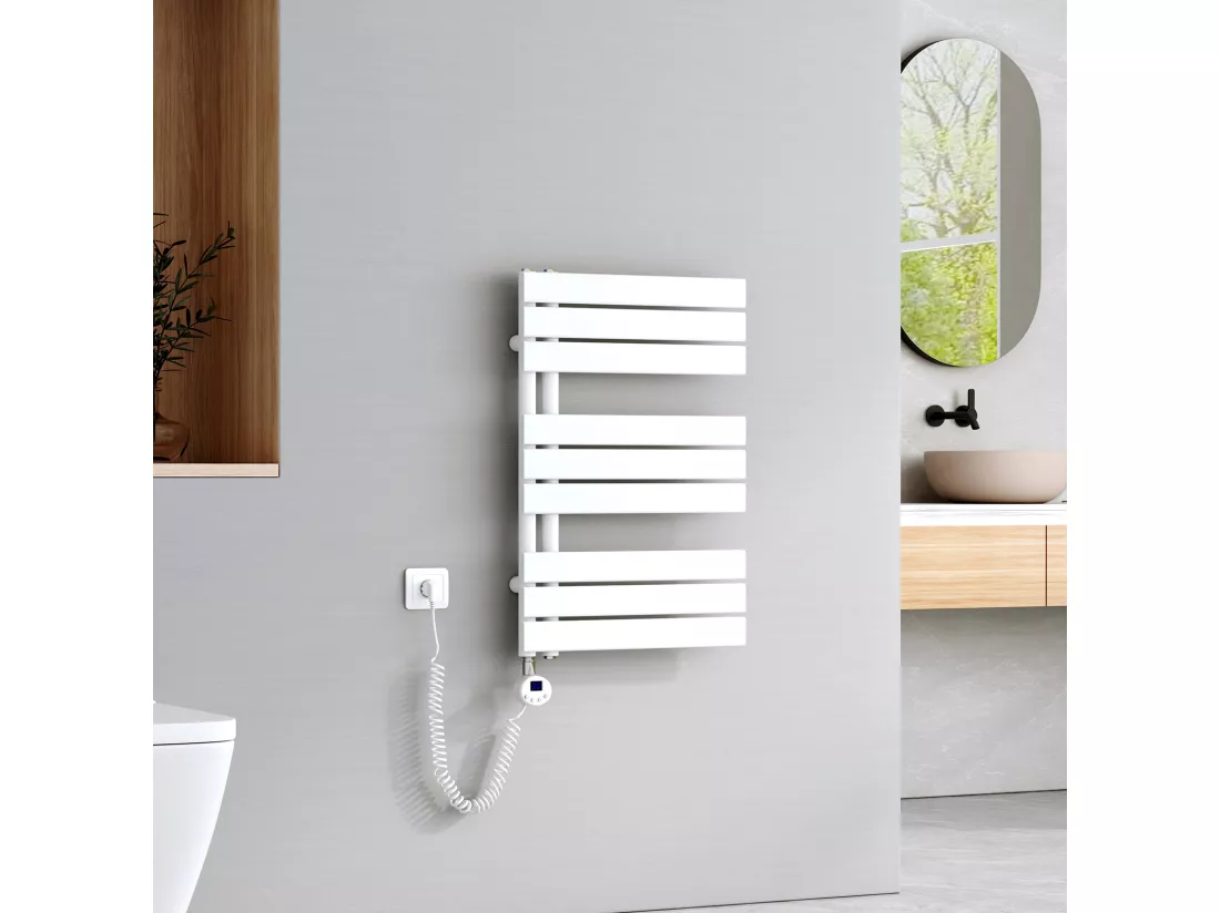 EMKE Sèche-Serviettes Électrique Panneau avec élément chauffant thermostat, baguette chauffante avec minuterie, Blanc 762x500mm 400W
