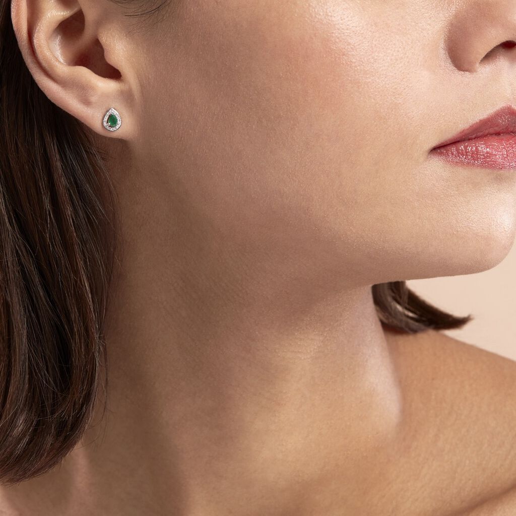 Boucles D'oreilles Puces Elheme Or Blanc Emeraude Et Diamant