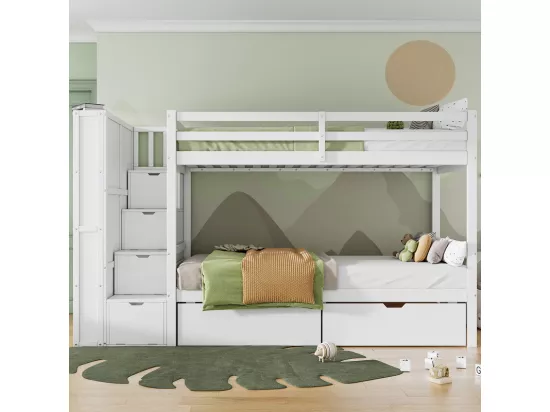 Lits superposés avec 2 tiroirs, étagère de rangement et escaliers de rangement - 2 x 90 x 200 cm - Pin + MDF - Blanc