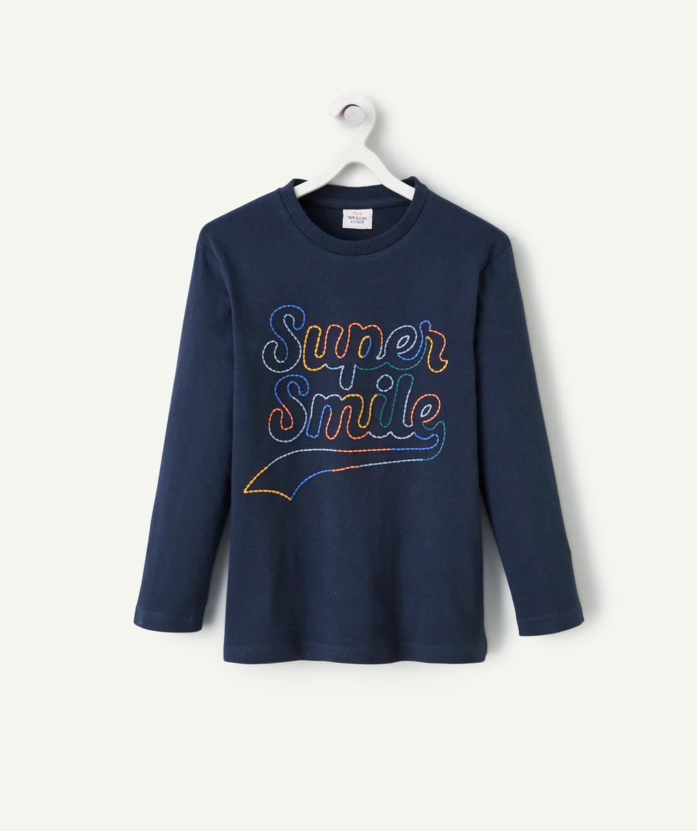 T-SHIRT MANCHES LONGUES GARÇON EN COTON BIO BLEU MARINE AVEC BRODERIES