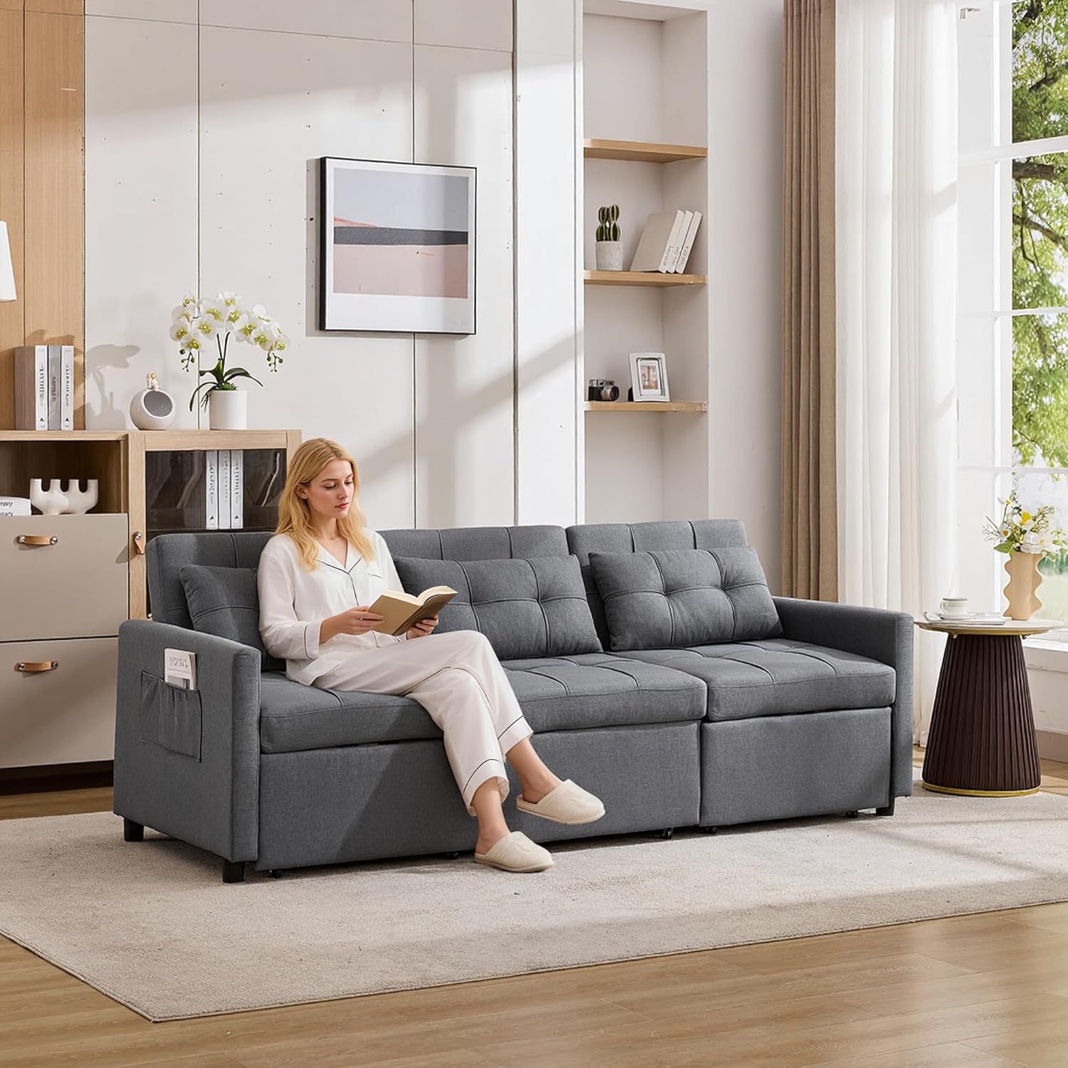 Schlafsofa 3 Sitzer Ausziehbar, 7-in-1 Ecksofa L-Form mit Bettkasten, Funktionssofa mit Rollen & Verstellbarer Rückenlehne, Gästebett Grau 215×180cm