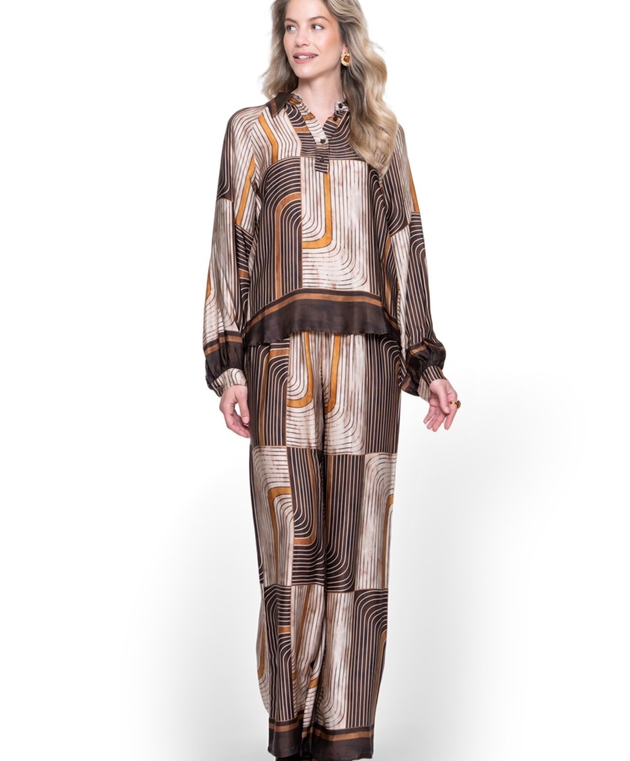 Geisha Pants satin AOP dames broek bruin
