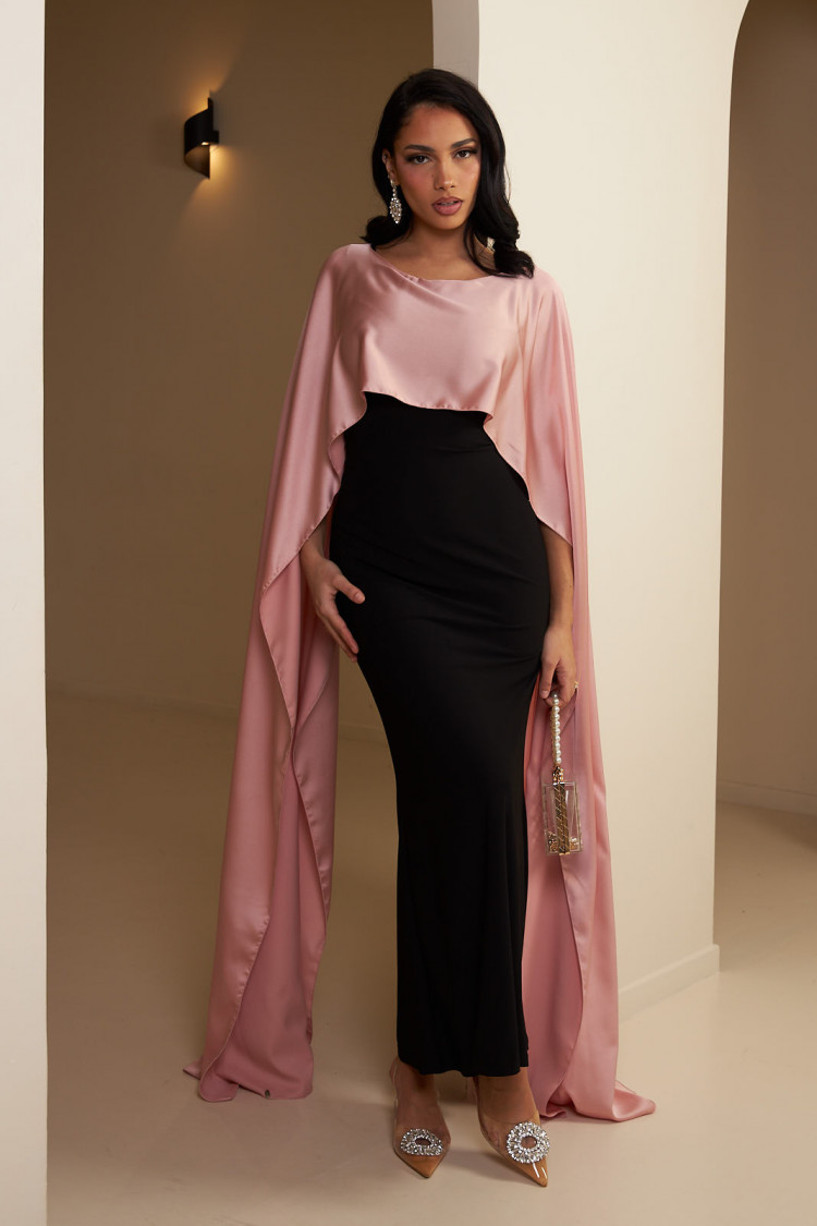 Robe noir ample satinée à empiècement voile rose gold