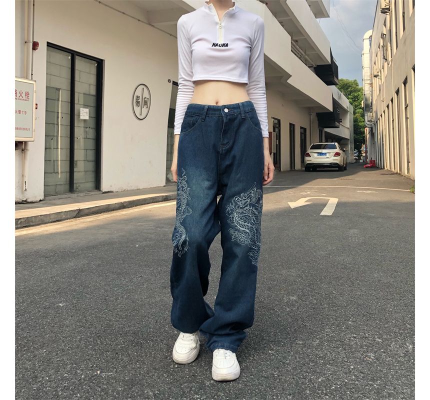 RONIN - Wijde jeans met middelhoge taille en geborduurde draak