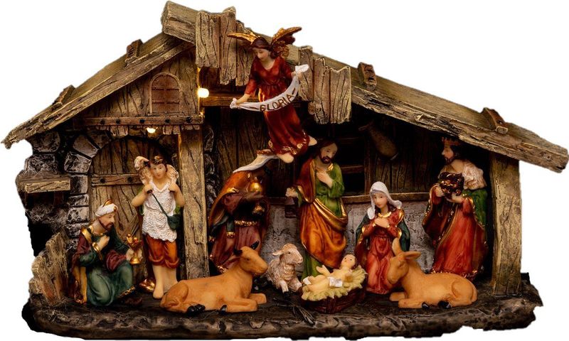 Feeric Christmas Complete kerststal - L17,8 x B8,5 x H31,5 cm - Met verlichting en beelden
