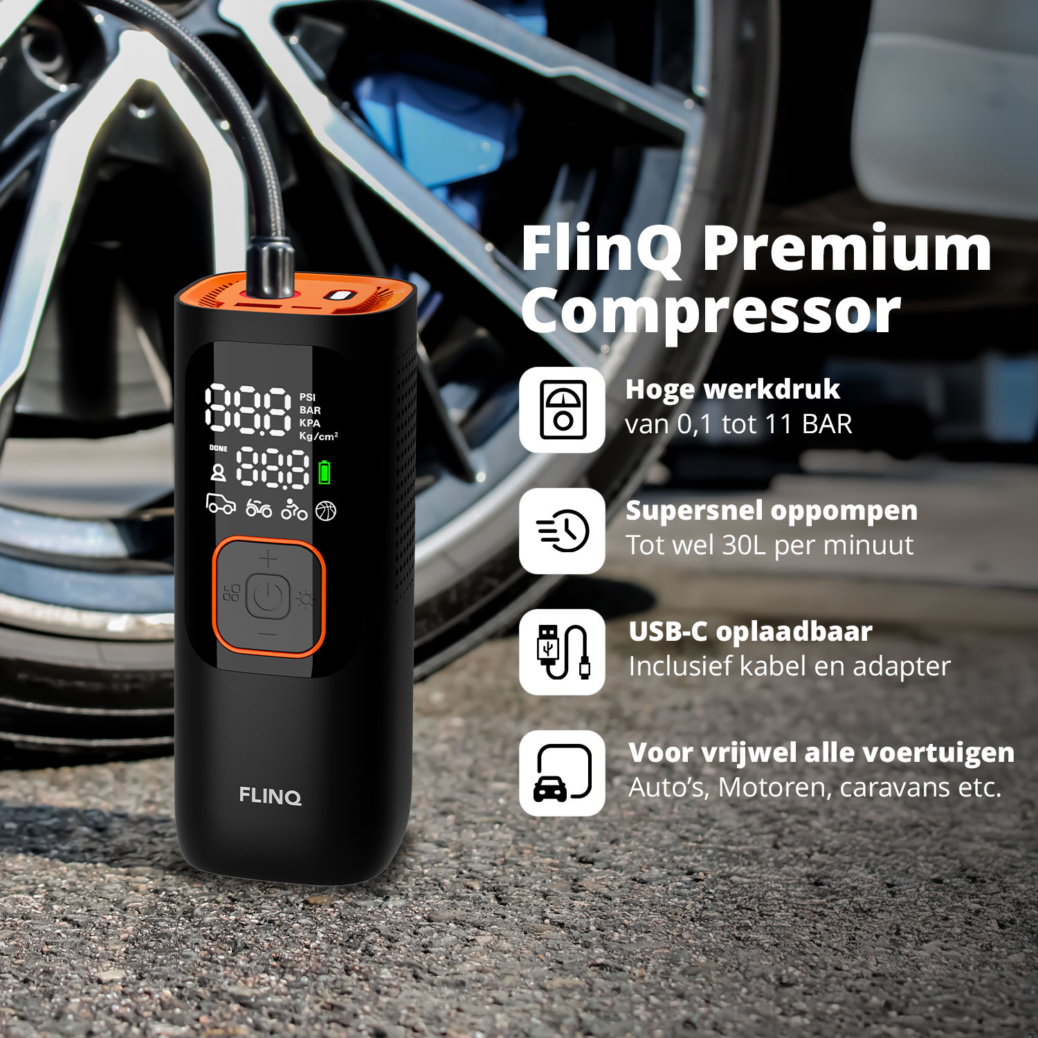 FlinQ draagbare luchtcompressor - Black/Orange