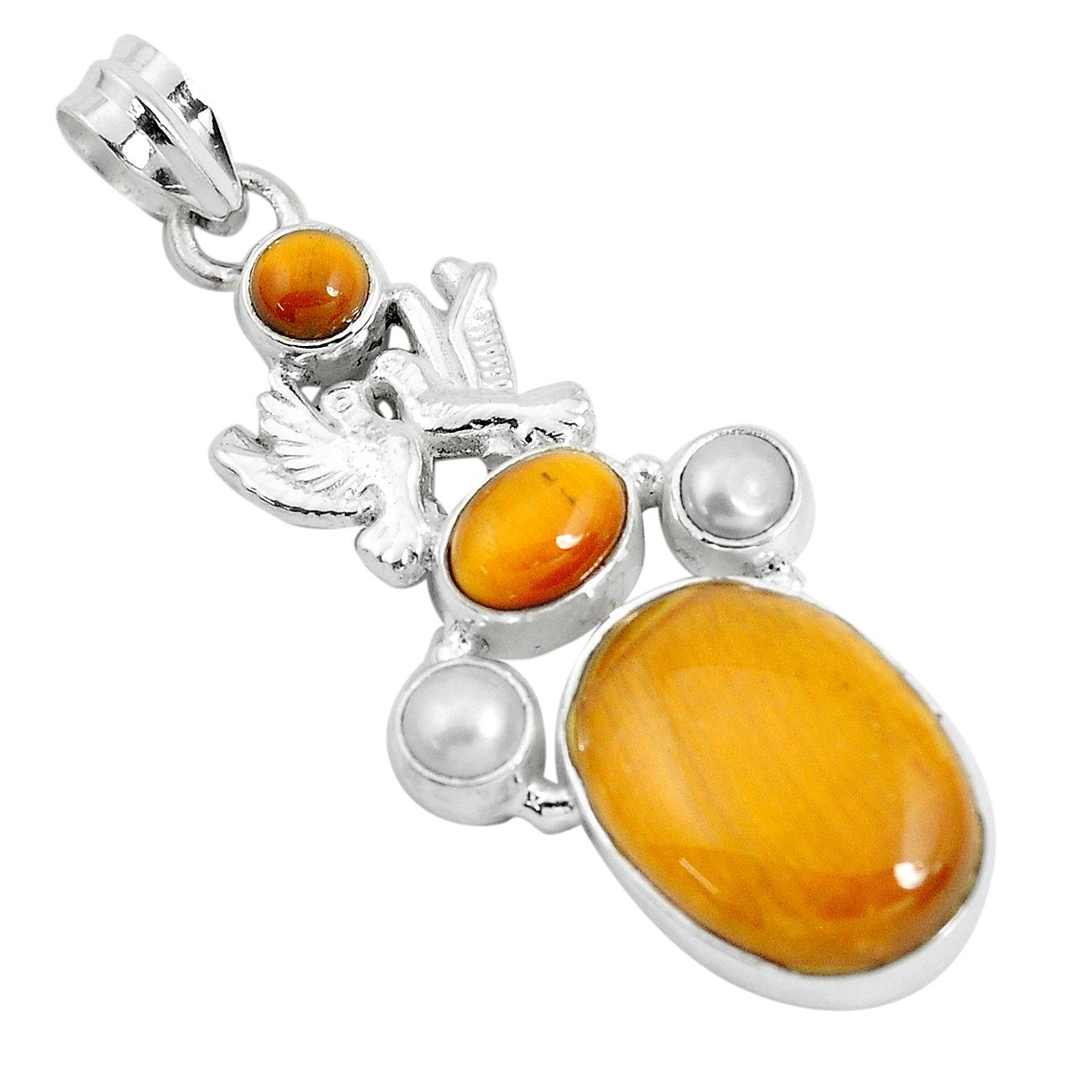Pendentif colombes serti de 3 oeil de tigre marron et argent + chaine 4cm gxi335