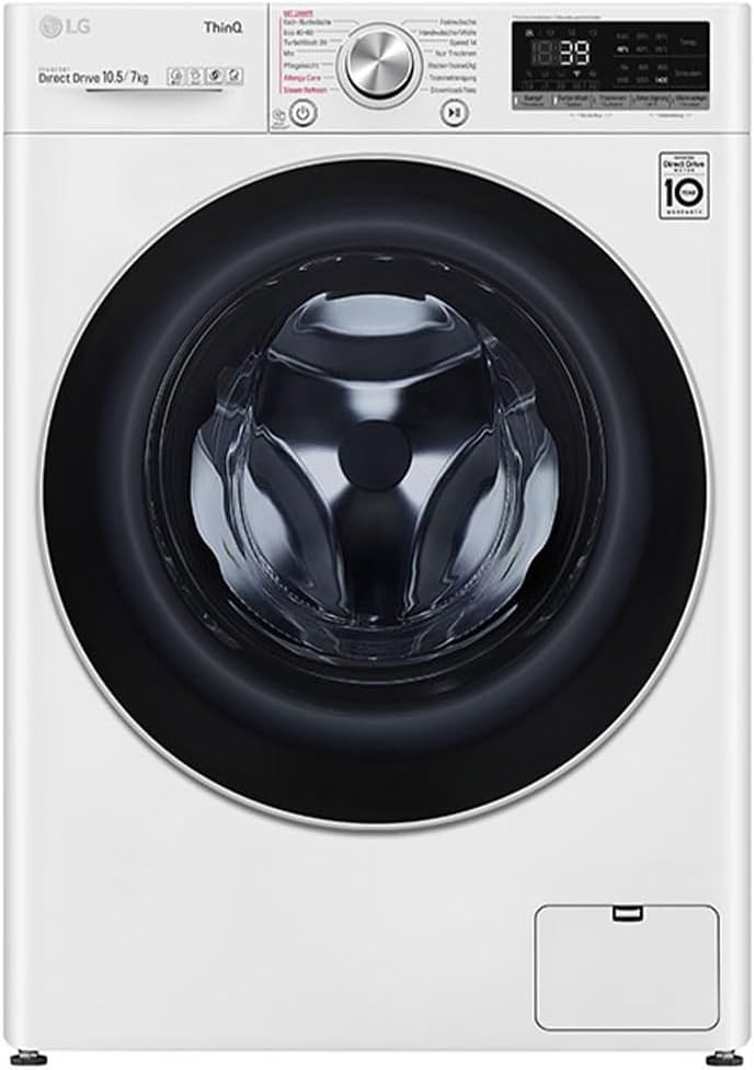 LG V7WD107H2E, Klasse E, Frontlader-Waschtrockner 10,5-7 kg, 1400 U/min, AI Direct Drive, Wi-Fi, Tiefenreinigung mit Dampf, TurboWash, Größere Kapazität, 62 x 60 x 85 cm ꟷ Weiß
