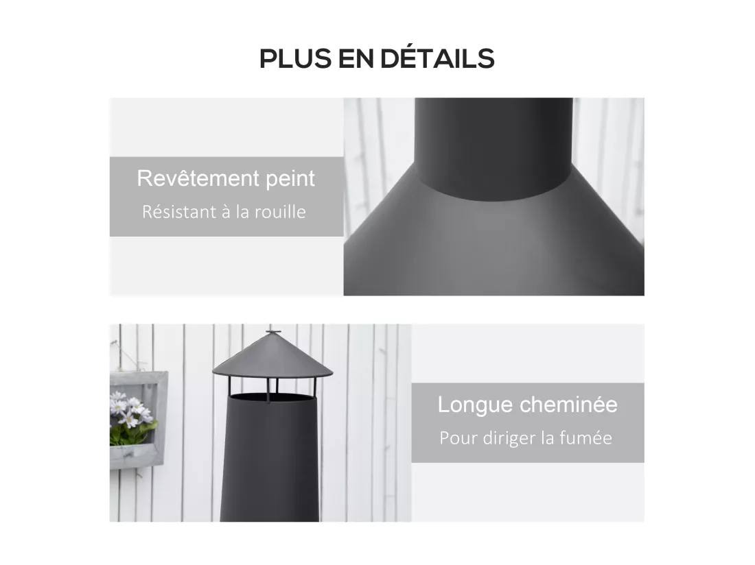 Brasero cheminée d'extérieur H.133 Ø 45 cm tisonnier large foyer - espace de rangement pour bûches - métal noir