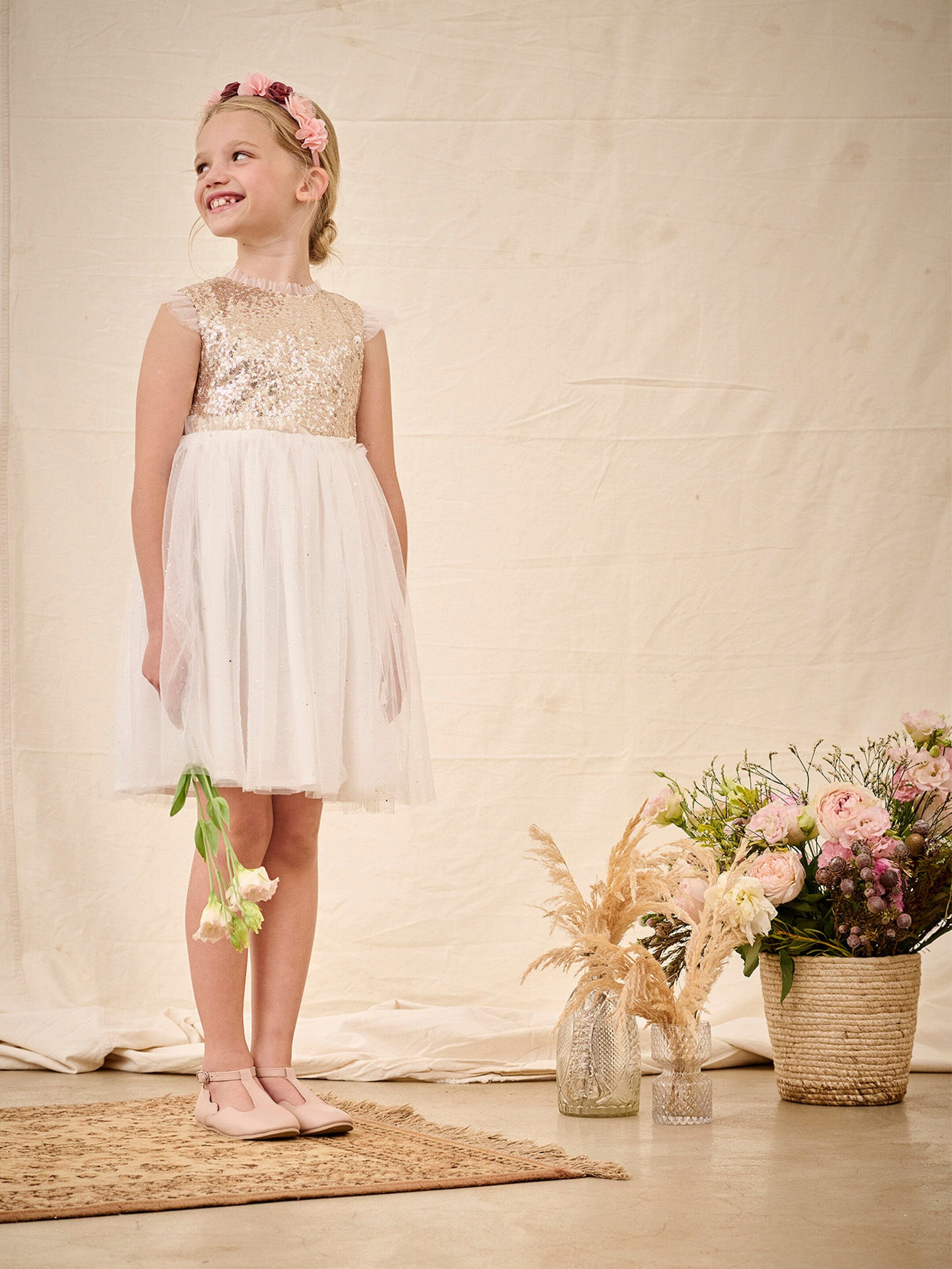 Vertbaudet Mädchen Festkleid mit Pailletten und Glitzertüll gold