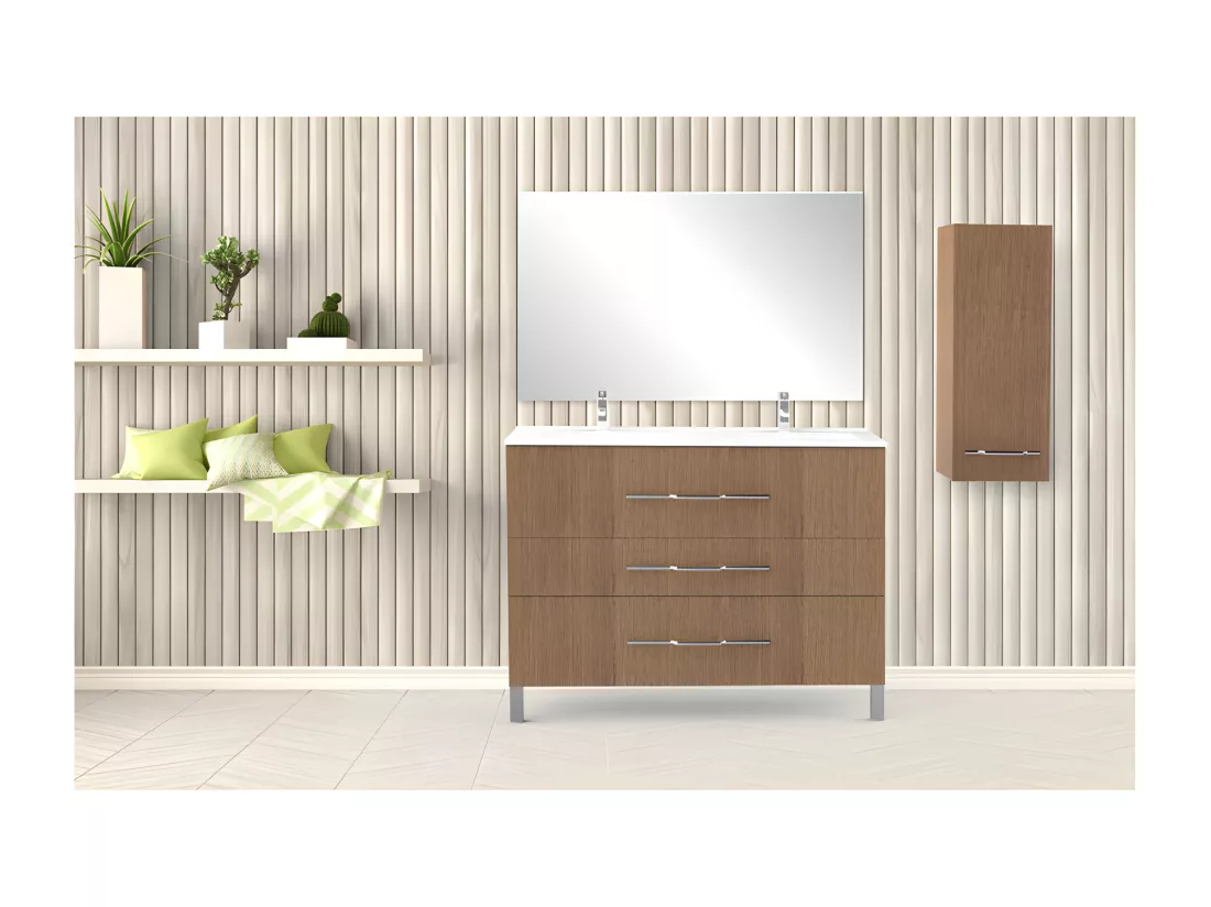 Meuble double vasque 3 tiroirs 120 cm Chêne - LANA - L 121.5 x l 47 x H 88 cm